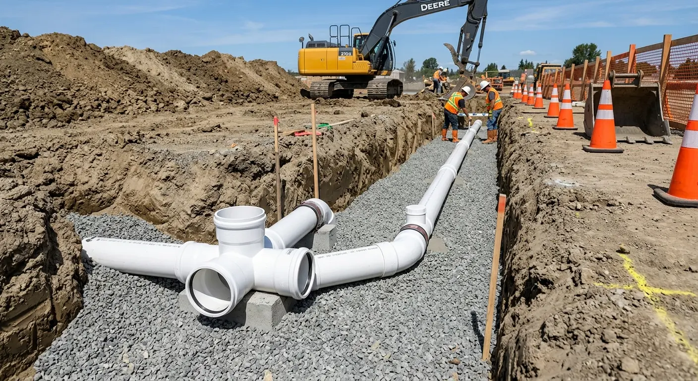 New PVC sewer pipe installation in open trench for Sewer Backup in Cordele