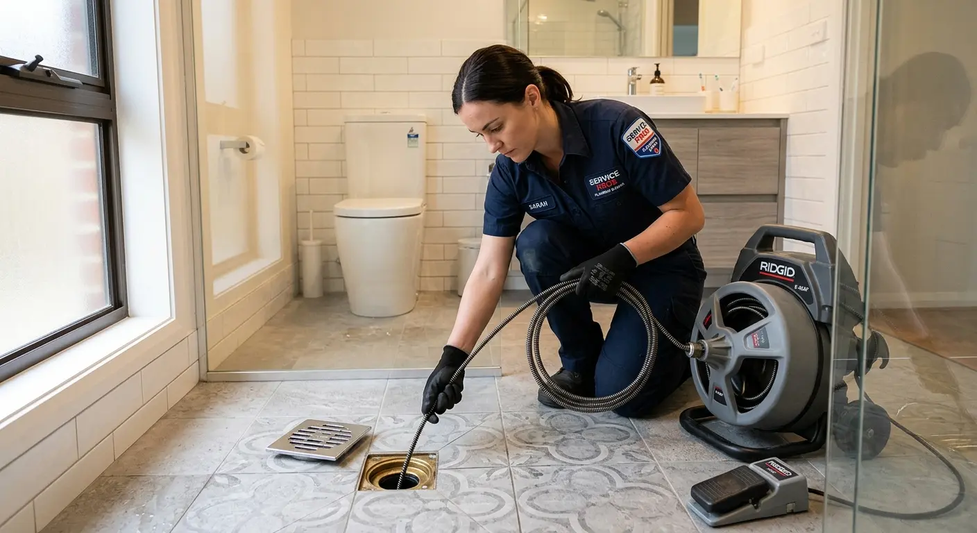 Technician clearing a bathroom floor drain for Drain Cleaning in Cordele